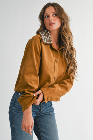Chaqueta de Suede con Cuello de Cristales