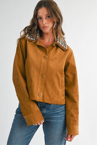 Chaqueta de Suede con Cuello de Cristales
