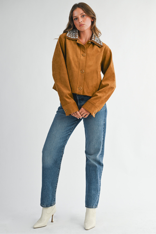 Chaqueta de Suede con Cuello de Cristales