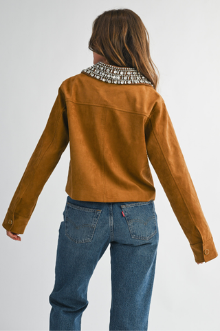 Chaqueta de Suede con Cuello de Cristales