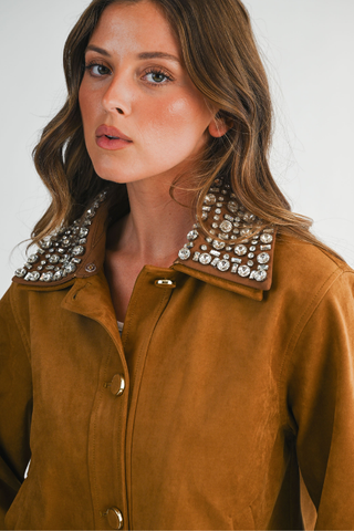 Chaqueta de Suede con Cuello de Cristales